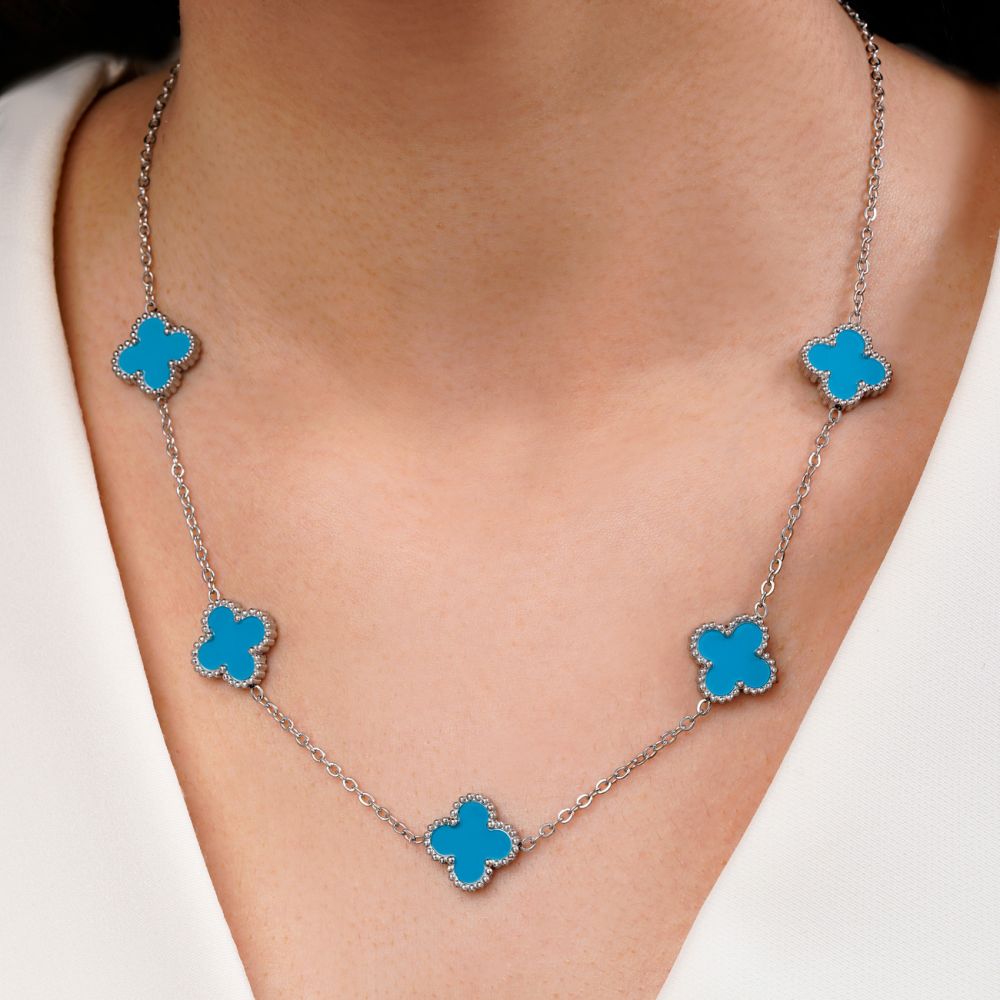 تصویر گردنبند ونکلیف آبی سفید استیل 304