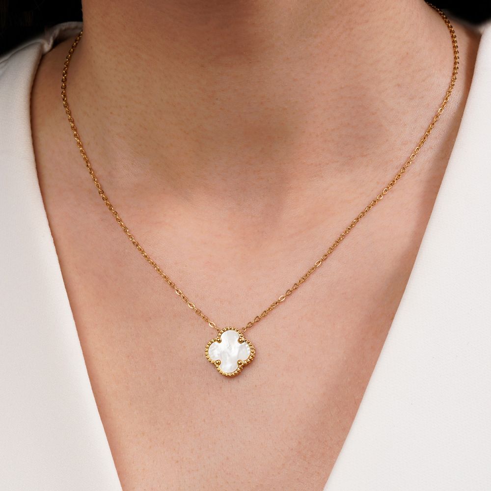 تصویر گردنبند استیل 304 ونکلیف سفید 15میل طلایی