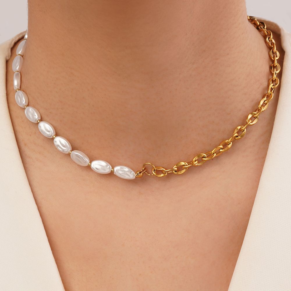 گردنبند استیل 304 مروارید بیضی طلایی