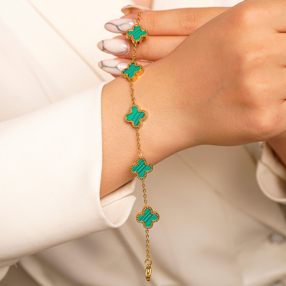 تصویر دستبند استیل304 (Van cleef) ون کلیف سبز 13میل طلایی