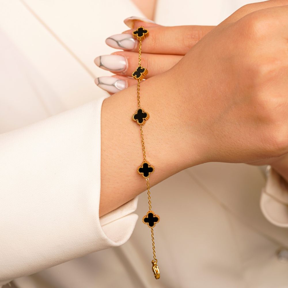 دستبند استیل304 (Van cleef) ون کلیف مشکی 9 میل طلایی