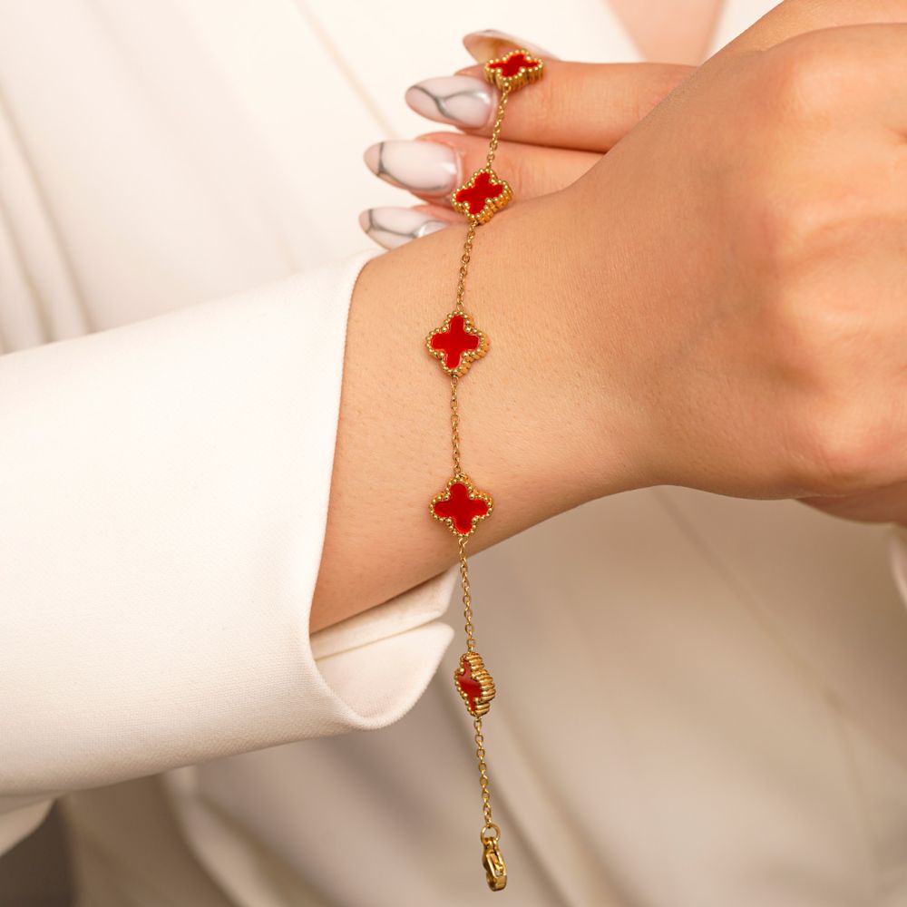 تصویر دستبند استیل304 (Van cleef) ون کلیف قرمز 11 میل طلایی