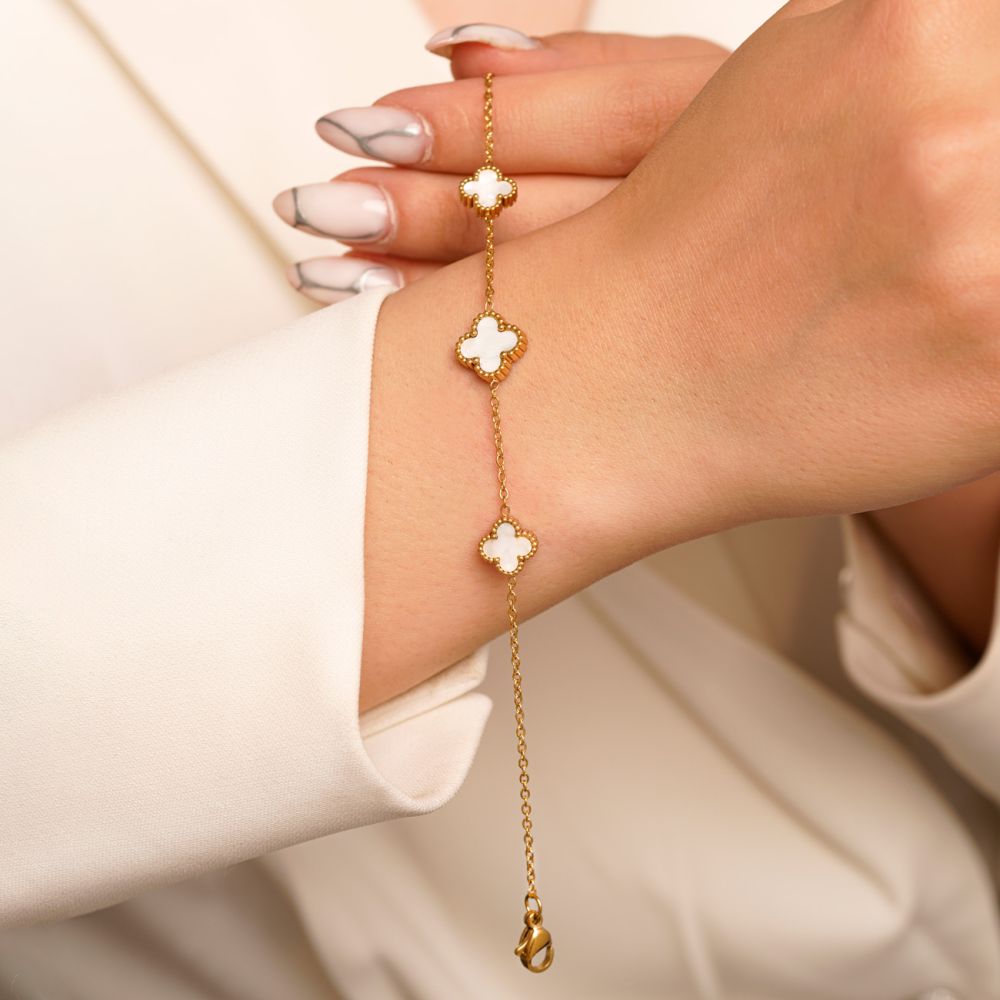 تصویر دستبند استیل 304  Van cleef ون کلیف سفید طلایی