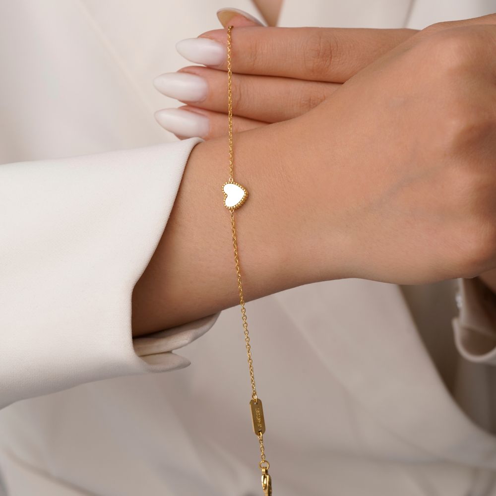 تصویر دستبند استیل 304 قلب سفید 8 میل طلایی