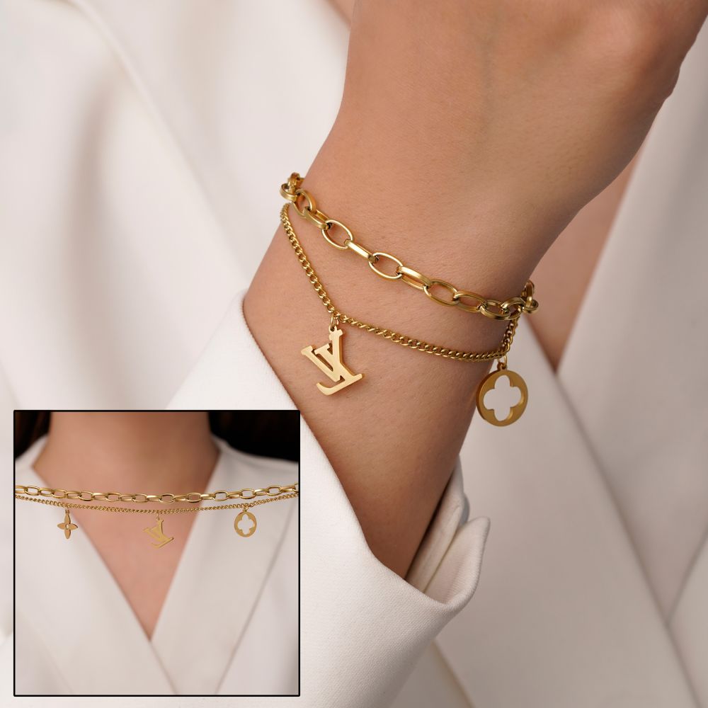 تصویر دستبند استیل 304 دو لاین پلاک دار لویی ویتون طلایی