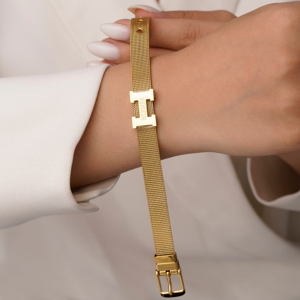 تصویر دستبند استیل304 پلاک هرمس 10 میل طلایی