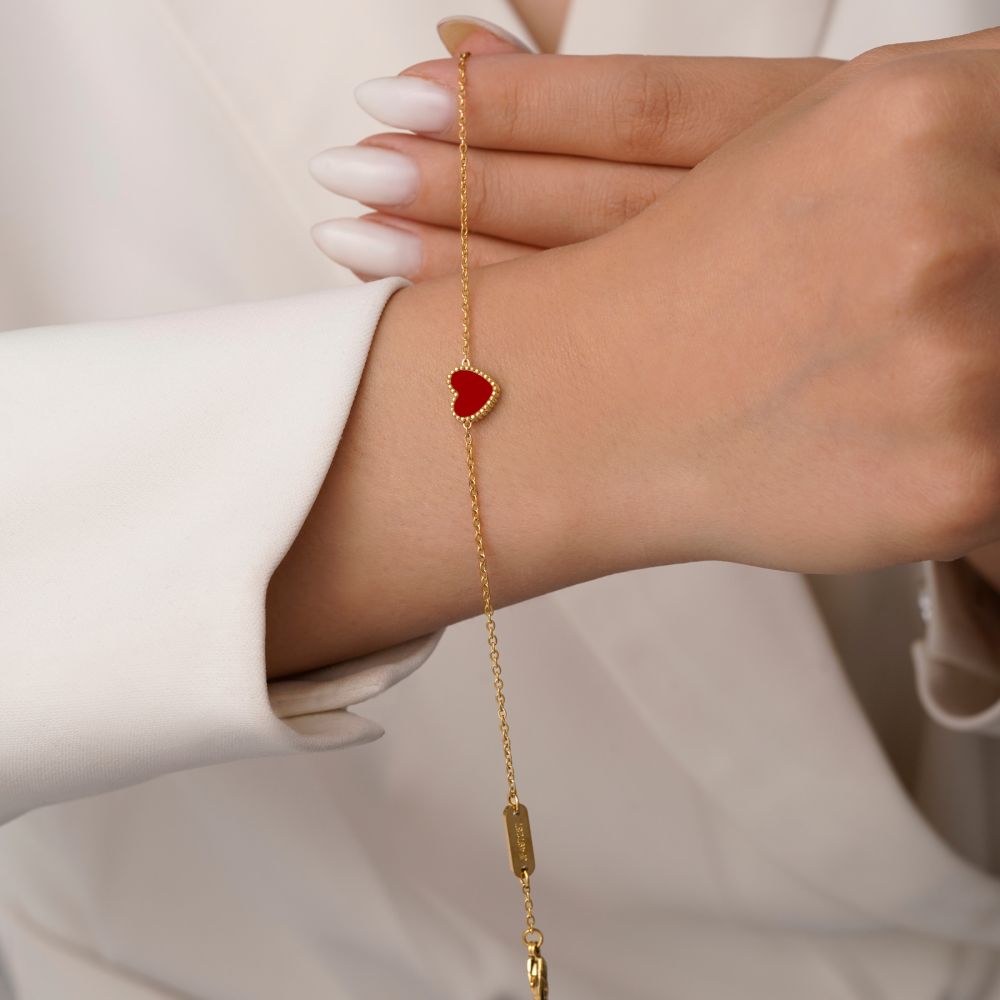 تصویر دستبند استیل 304 قلب قرمز 8 میل طلایی