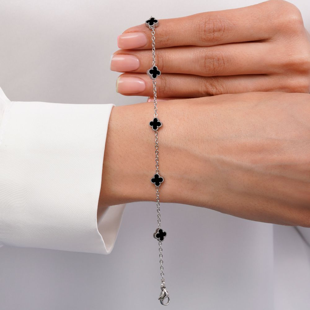 تصویر دستبند ونکلیف مشکی استیل 304 نقره ای 7 میل