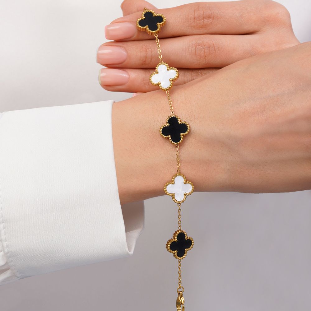 تصویر دستبند ونکلیف مشکی،سفید استیل 304 طلایی 15 میل