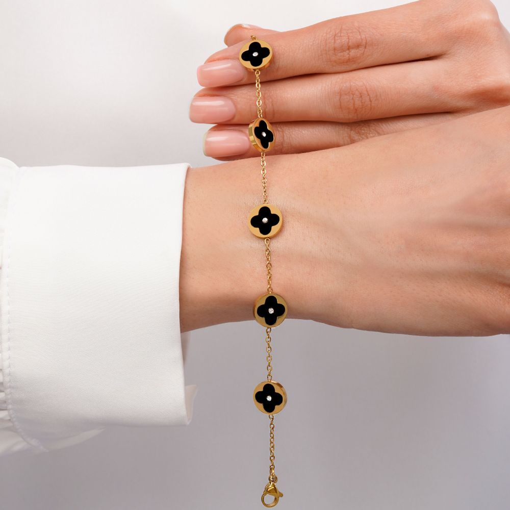 تصویر دستبند ونکلیف مشکی استیل 304 طلایی 11 میل