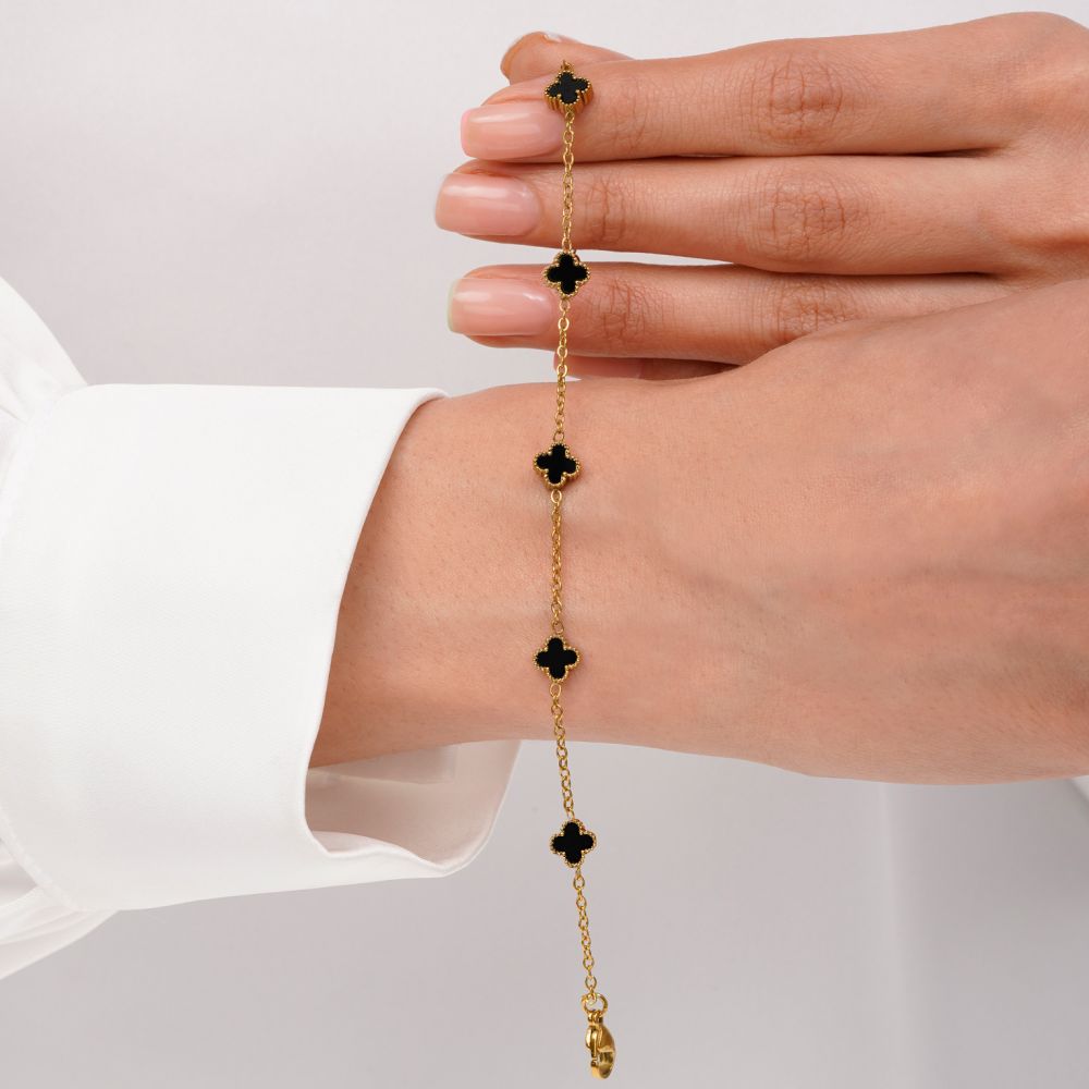 تصویر دستبند ونکلیف مشکی استیل 304 طلایی 