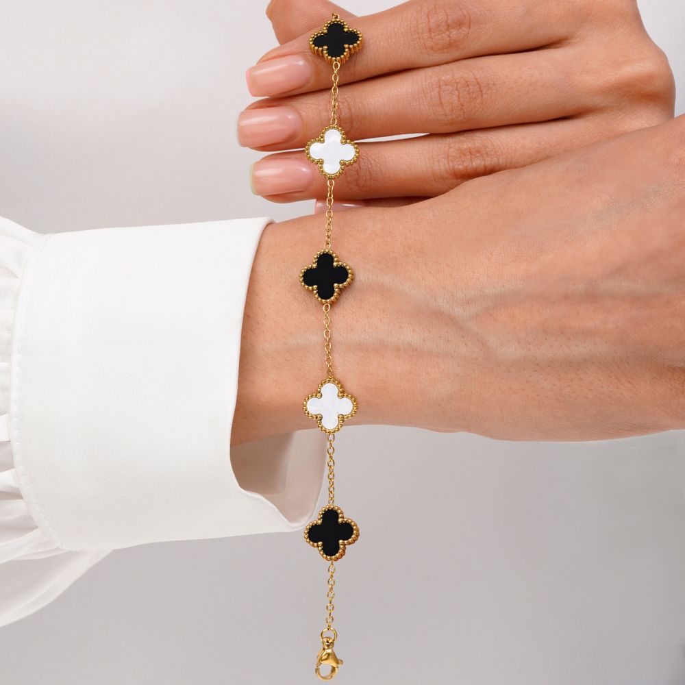 تصویر دستبند ونکلیف مشکی،سفید  استیل 304 طلایی