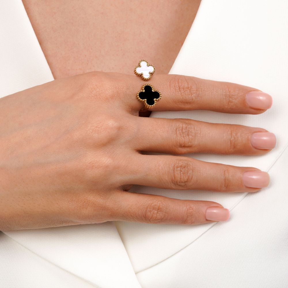 تصویر انگشتر ونکلیف مشکی سفید استیل 304 طلایی 13/11 میل(پک 2 عددی)