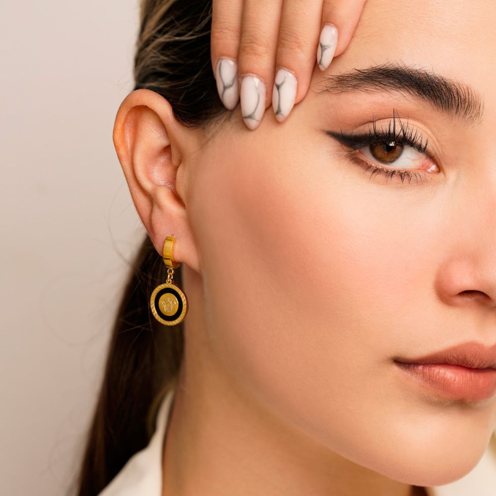 تصویر گوشواره استیل 304حلقه ای Versace ورساچه مشکی 15میل طلایی