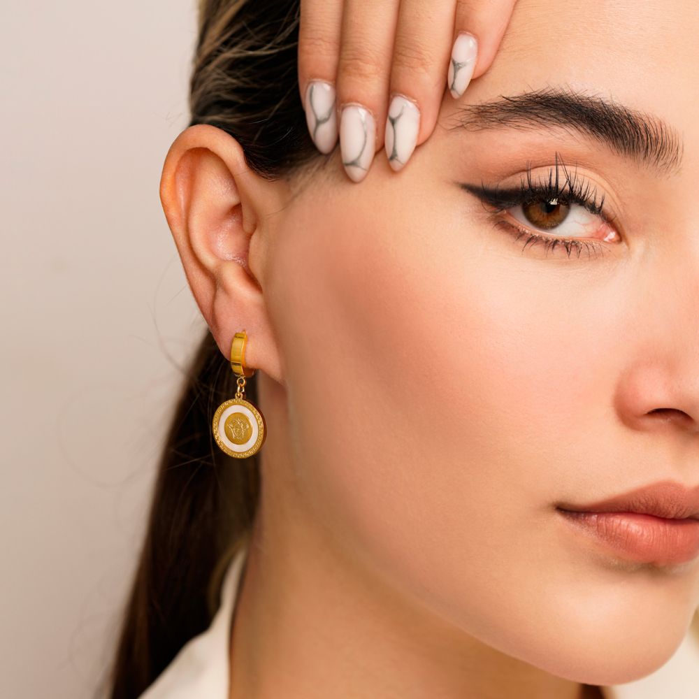 تصویر گوشواره استیل 304 حلقه ای Versace ورساچه سفید 15میل طلایی