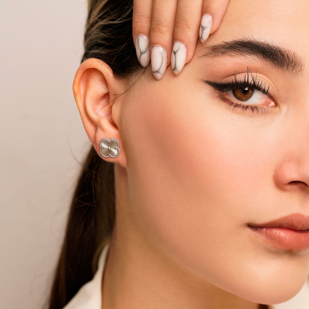 تصویر گوشواره استیل 304 (Van cleef) ون کلیف 15 میل سفید