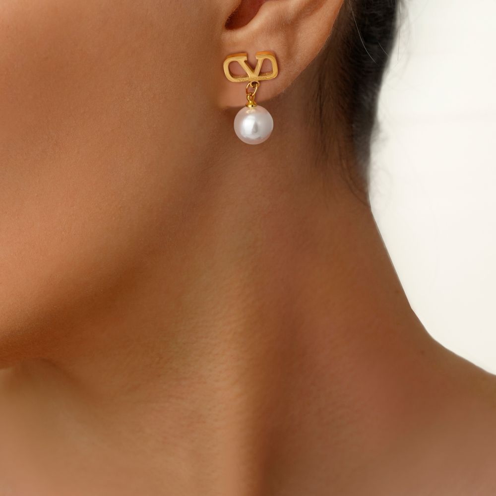 تصویر گوشواره استیل 304 Valentino مرواریدی طلایی
