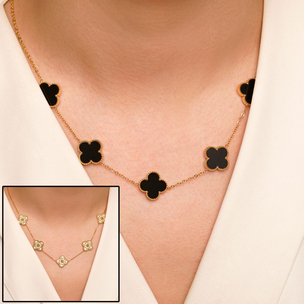 گردنبند استیل 304 (Van cleef) ون کلیف مشکی 15میل طلایی ( 2رنگ)