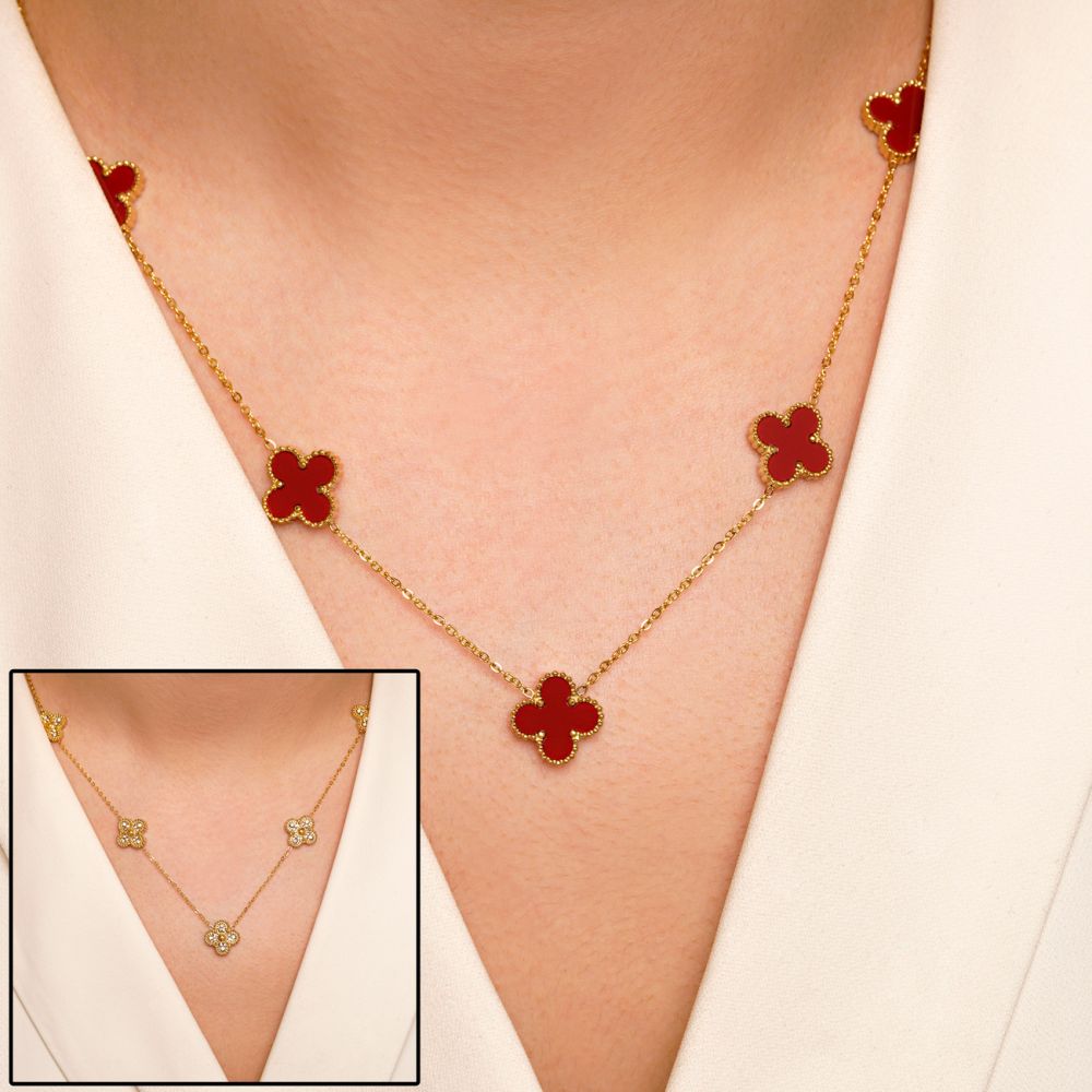 گردنبند استیل 304 (Van cleef) ون کلیف قرمز 13میل طلایی ( 2رنگ)