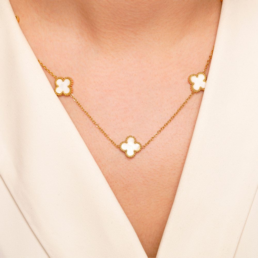 تصویر گردنبند استیل304 (Van cleef) ون کلیف سفید 13 میل طلایی