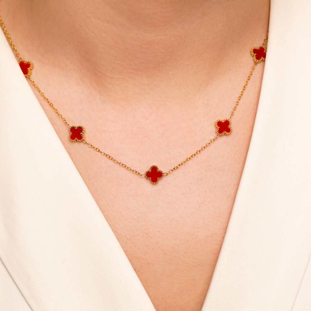 تصویر گردنبند استیل304 (Van cleef) ون کلیف قرمز 11 میل طلایی