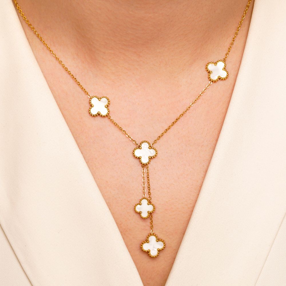 تصویر گردنبند استیل304 (Van cleef) ون کلیف سفید آویزدار طلایی