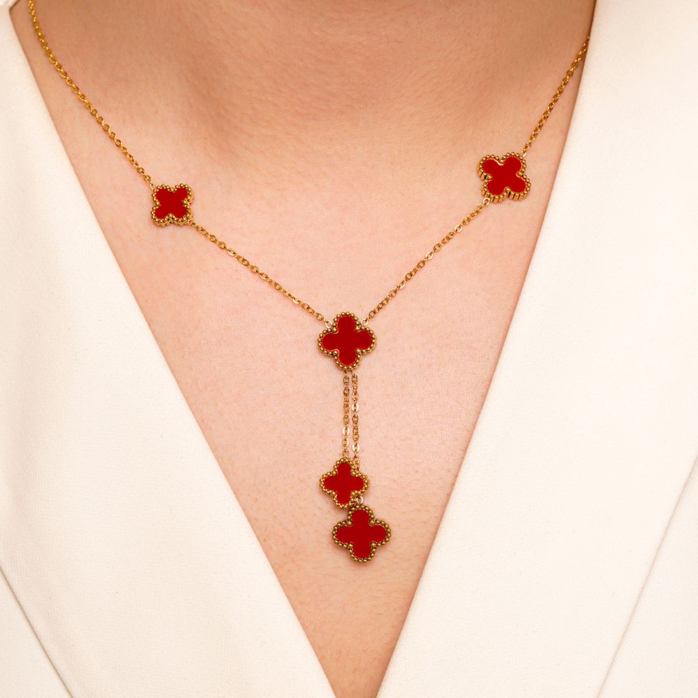 تصویر گردنبند استیل304 (Van cleef) ون کلیف قرمز آویزدار طلایی