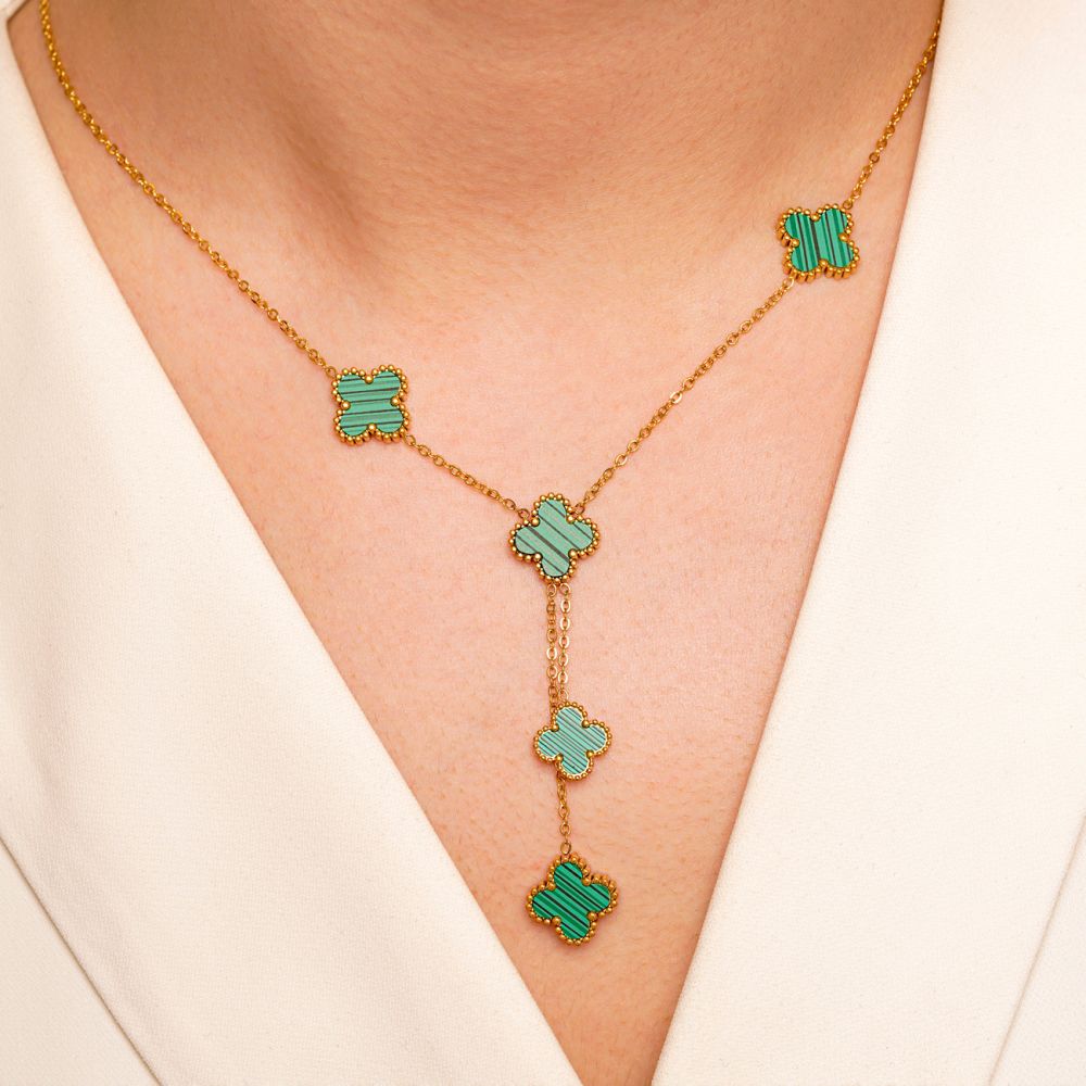تصویر گردنبند استیل 304 (Van cleef) ون کلیف سبز آویزدار طلایی