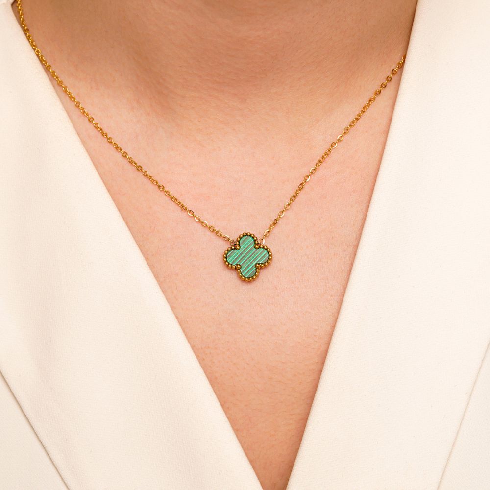 تصویر گردنبند استیل304 (Van cleef) ون کلیف سبز 15میل طلایی(تک پلاک)