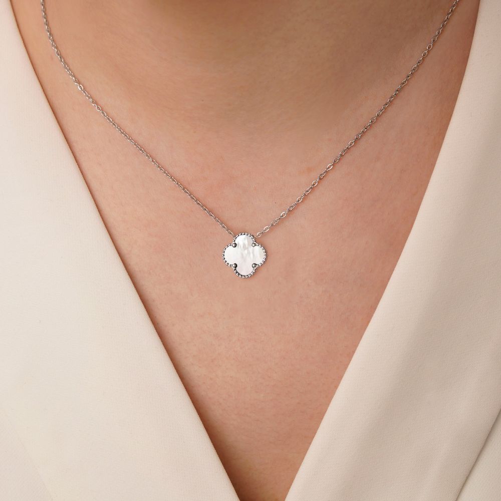 تصویر گردنبند استیل 304 ونکلیف سفید 15میل نقره ای