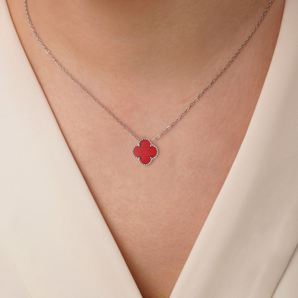 تصویر گردنبند استیل 304 ونکلیف قرمز 15میل نقره ای