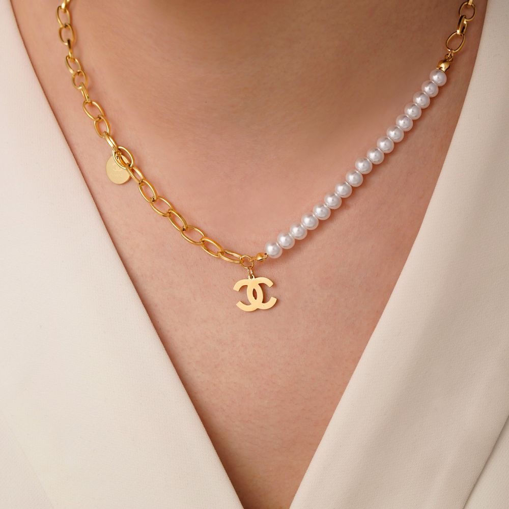 تصویر گردنبند استیل 304 شنل مرواریدی طلایی