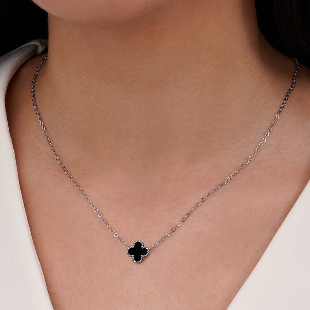 تصویر گردنبند ونکلیف مشکی استیل نقره ای 11 میل