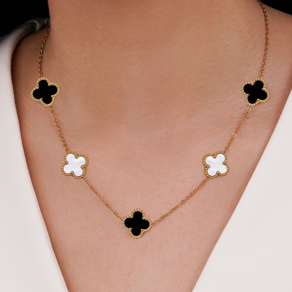 تصویر گردنبند ونکلیف مشکی،سفید استیل 304 طلایی 15میل