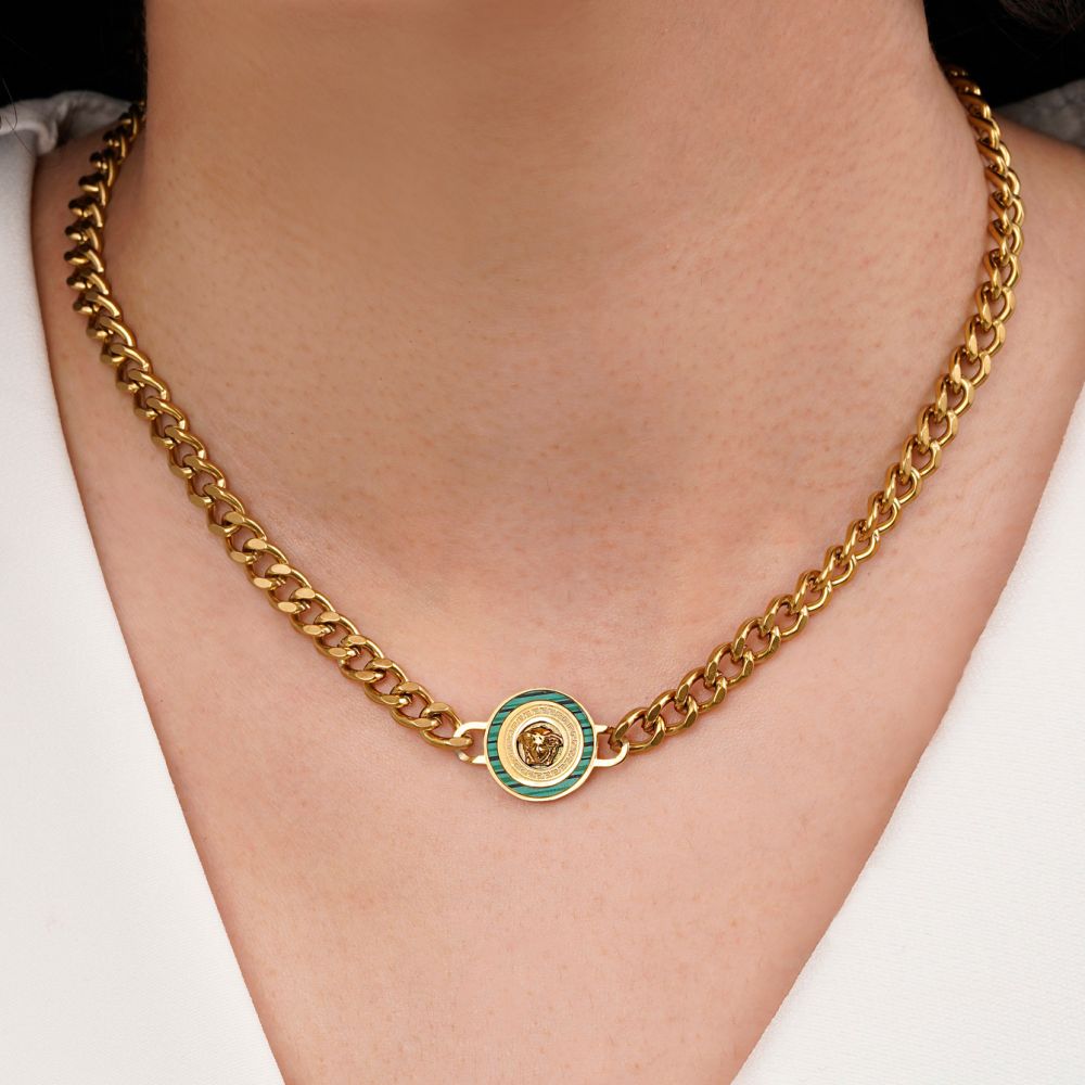 تصویر گردنبند ورساچه سبز استیل 304 طلایی 15 میل