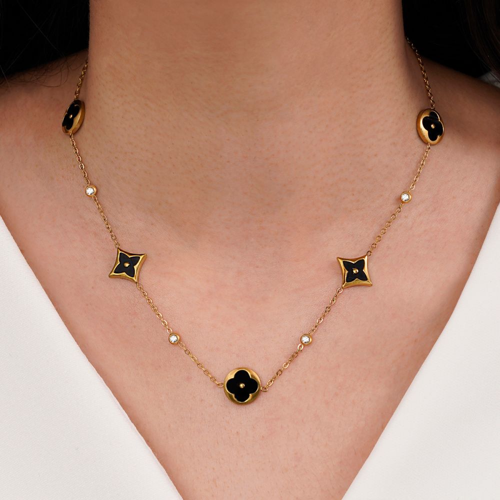 تصویر گردنبند ونکلیف مشکی استیل 304 طلایی 12 میل