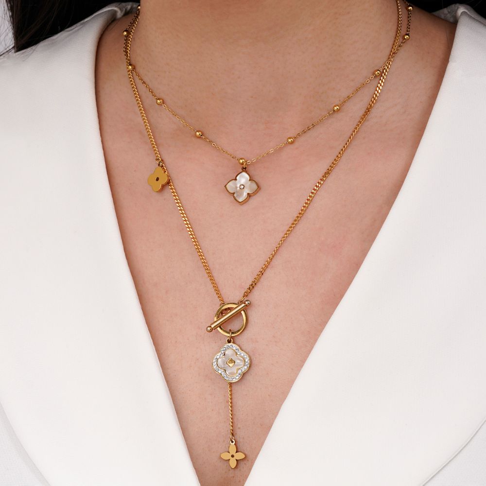 تصویر گردنبند ونکلیف سفید چند لاین استیل 304 طلایی