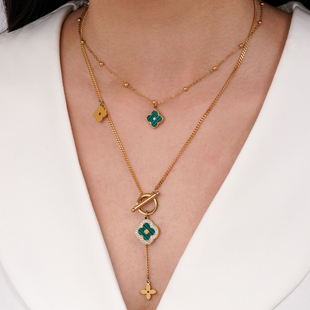 تصویر گردنبند ونکلیف سبز چند لاین استیل 304 طلایی