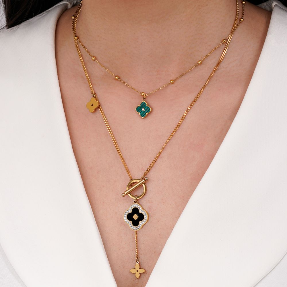 گردنبند ونکلیف مشکی چند لاین استیل 304 طلایی