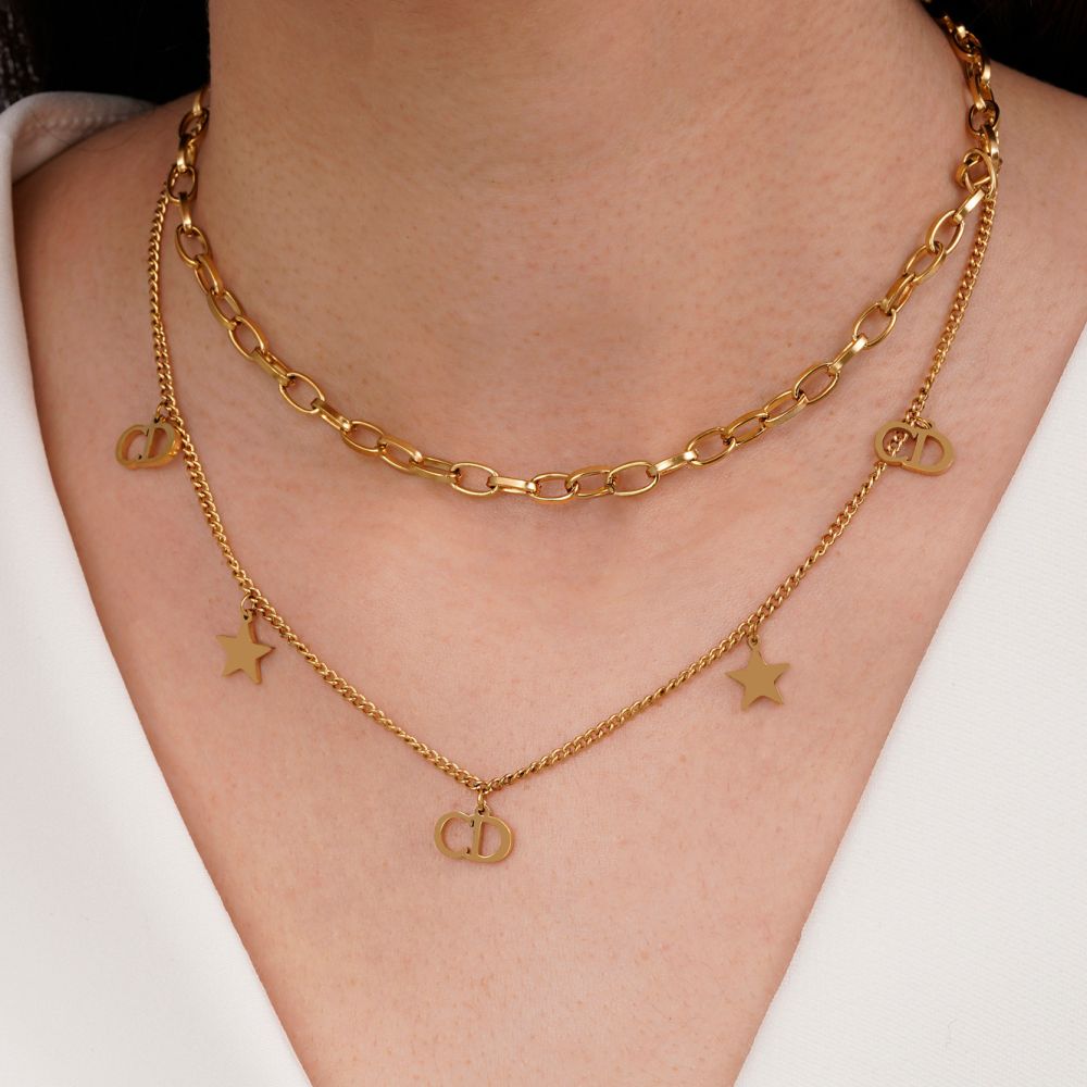 تصویر گردنبند CD کریستین دیور چند لاین استیل 304 طلایی  