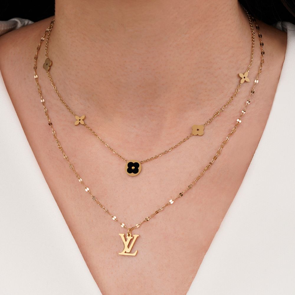 تصویر گردنبند ونکلیف مشکی چند لاین لویی ویتون استیل 304 طلایی 