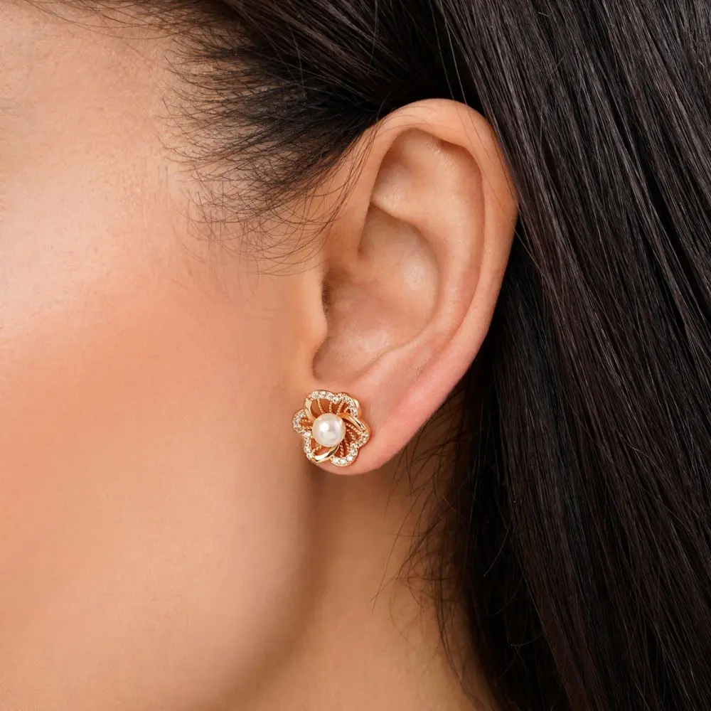 تصویر گوشواره میخی مرواریدی طلایی شوپینگ 