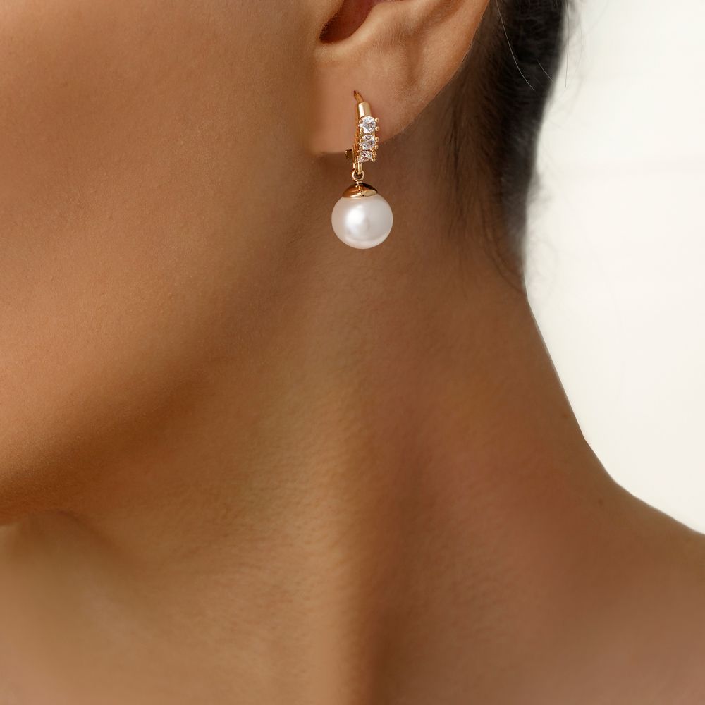 تصویر گوشواره شوپینگ مرواریدی نگینی طلایی