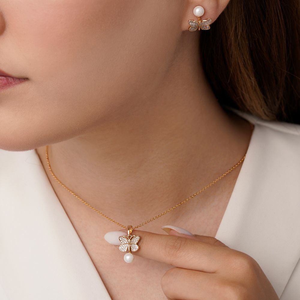 نیم ست شوپینگ پلاک دار پروانه مرواریدی طلایی