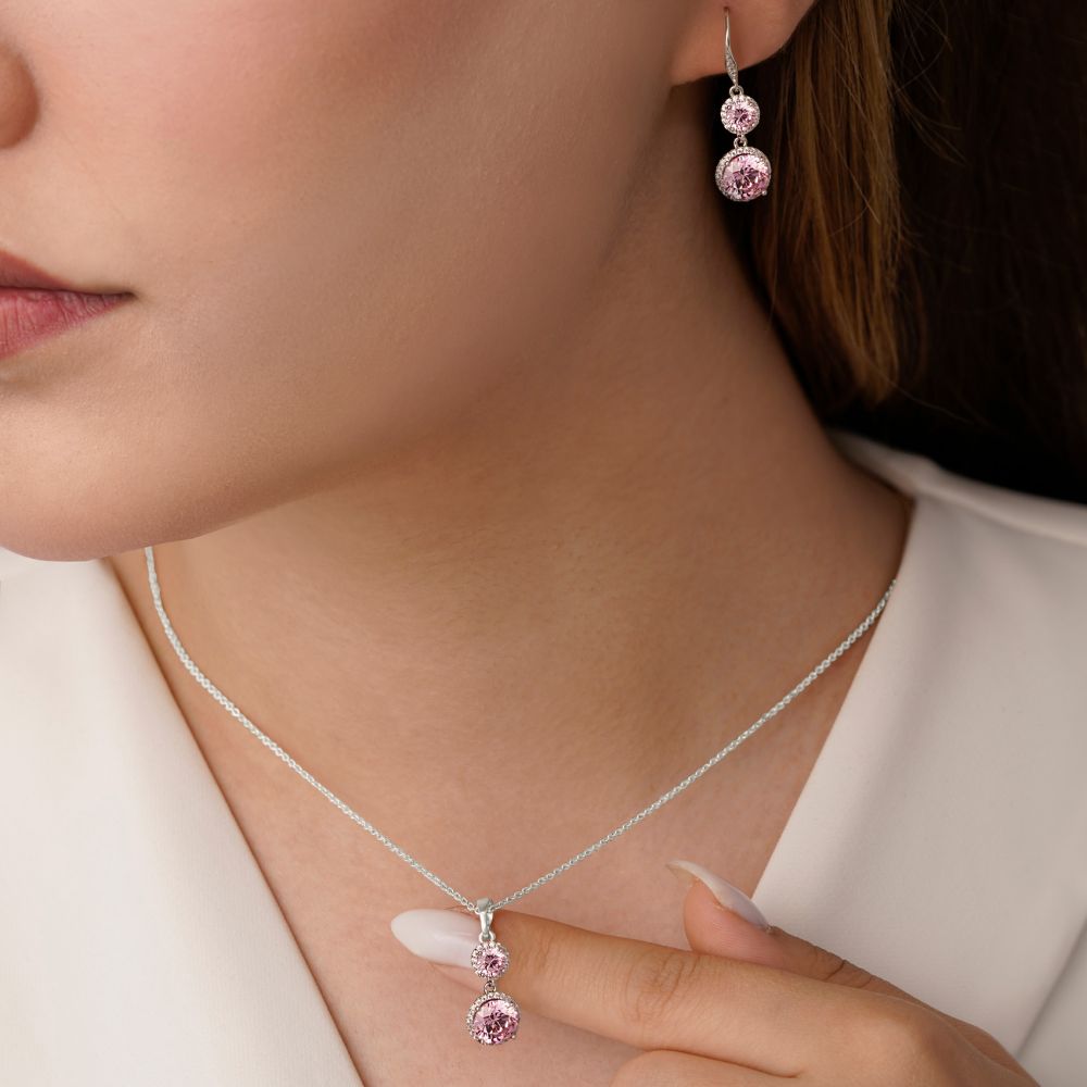 نیم ست شوپینگ پلاک دار آویز نگین صورتی سفید