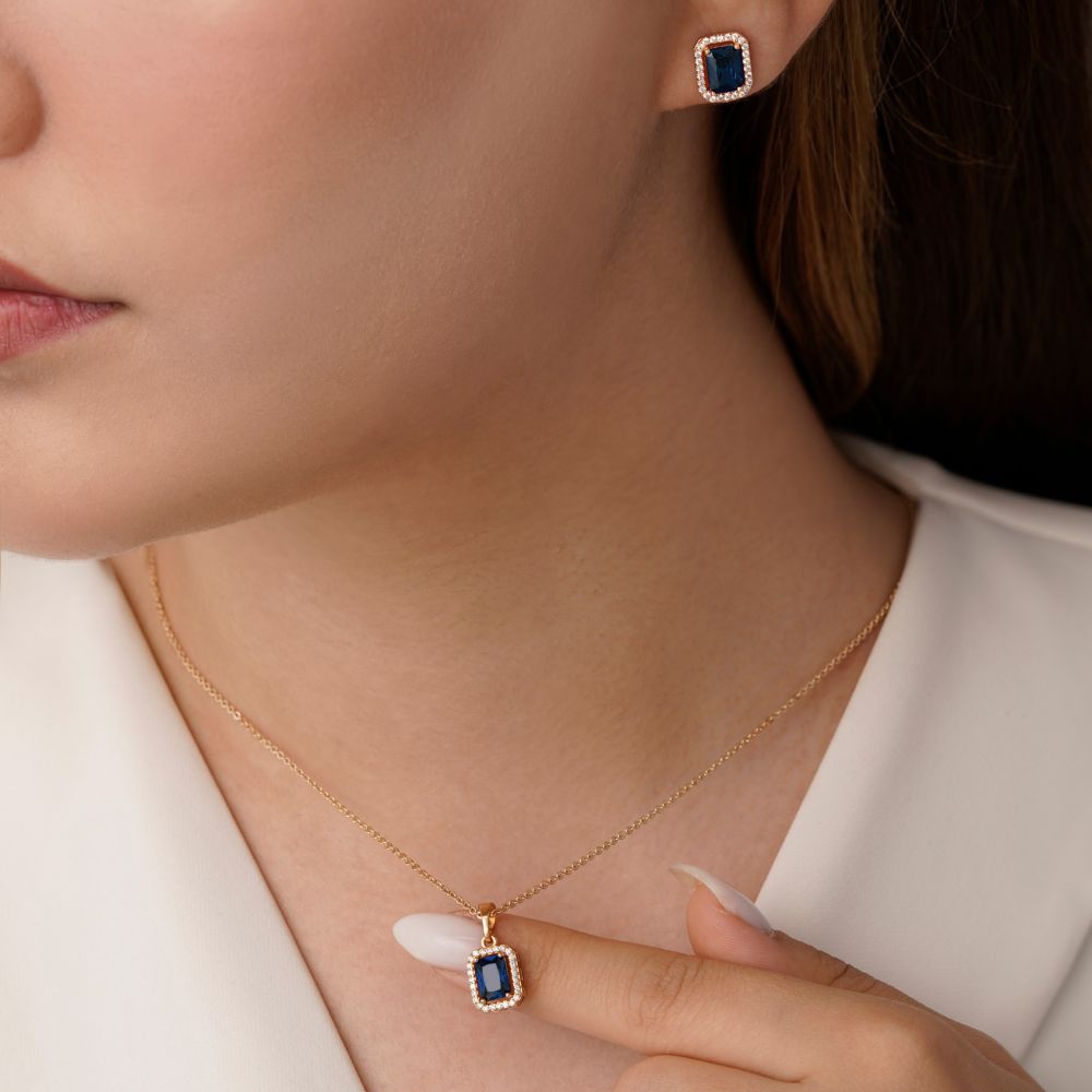 تصویر نیم ست شوپینگ پلاک دار نگین سورمه ای طلایی