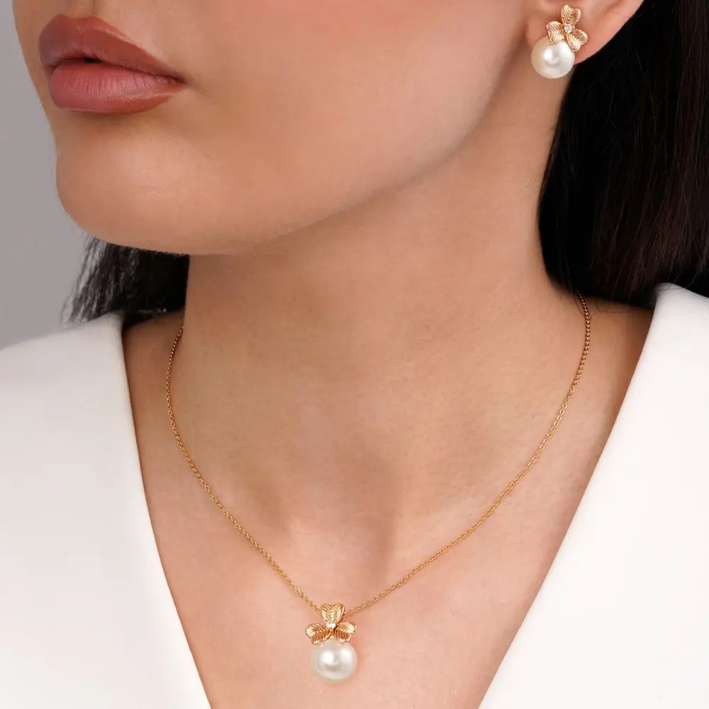 تصویر نیم ست گل مرواریدی نگین دار طلایی شوپینگ