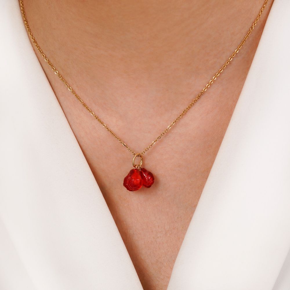 تصویر گردنبند یلدا سه دانه انار آویز با زنجیر استیل