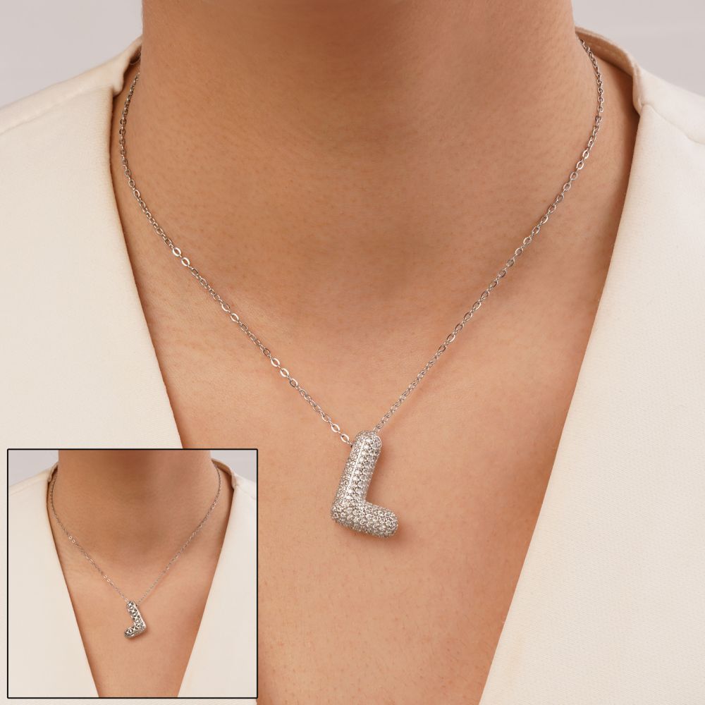 تصویر گردنبند رادیوم پلاک دار حروف L سفید