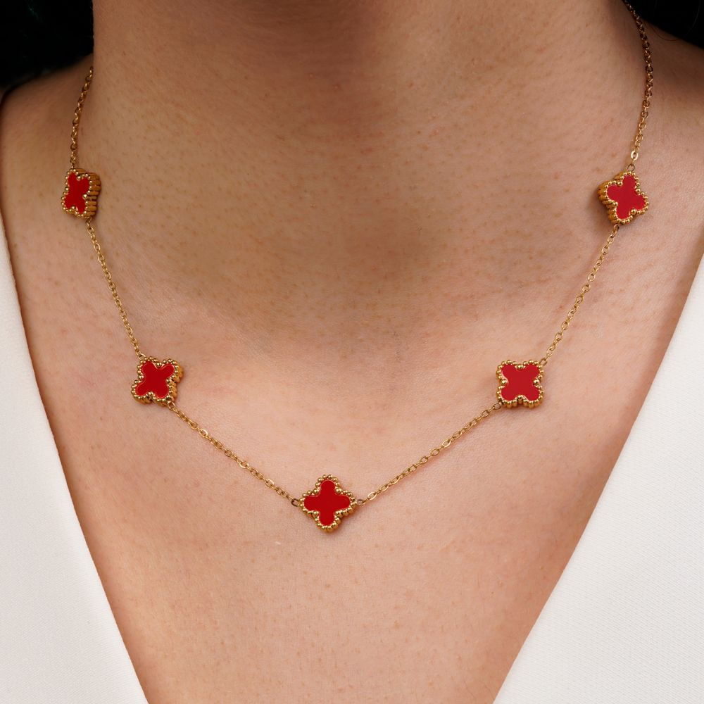 تصویر گردنبند ونکلیف قرمز طلایی استیل304